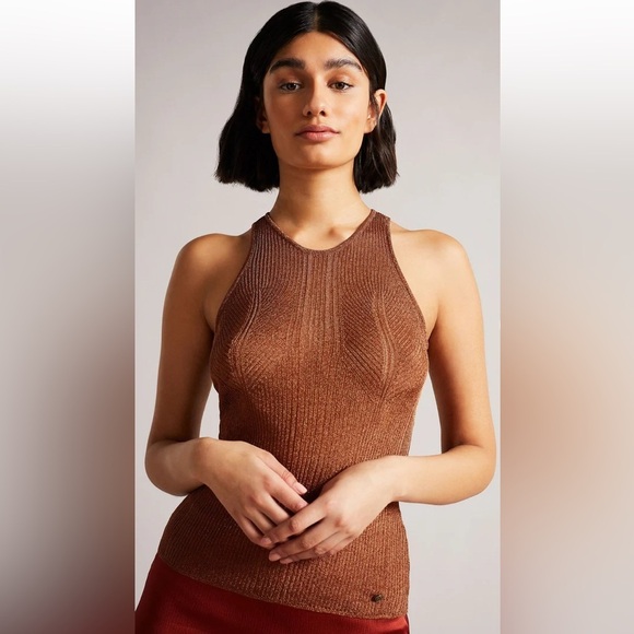 Ted Baker Women Brown Metallic Finish Racerback Tank Top - Picture 1 of 12